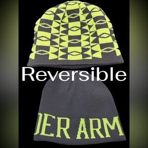 Under Armour youth reversible knit beanie skull hat gray lime green logo $28 new
